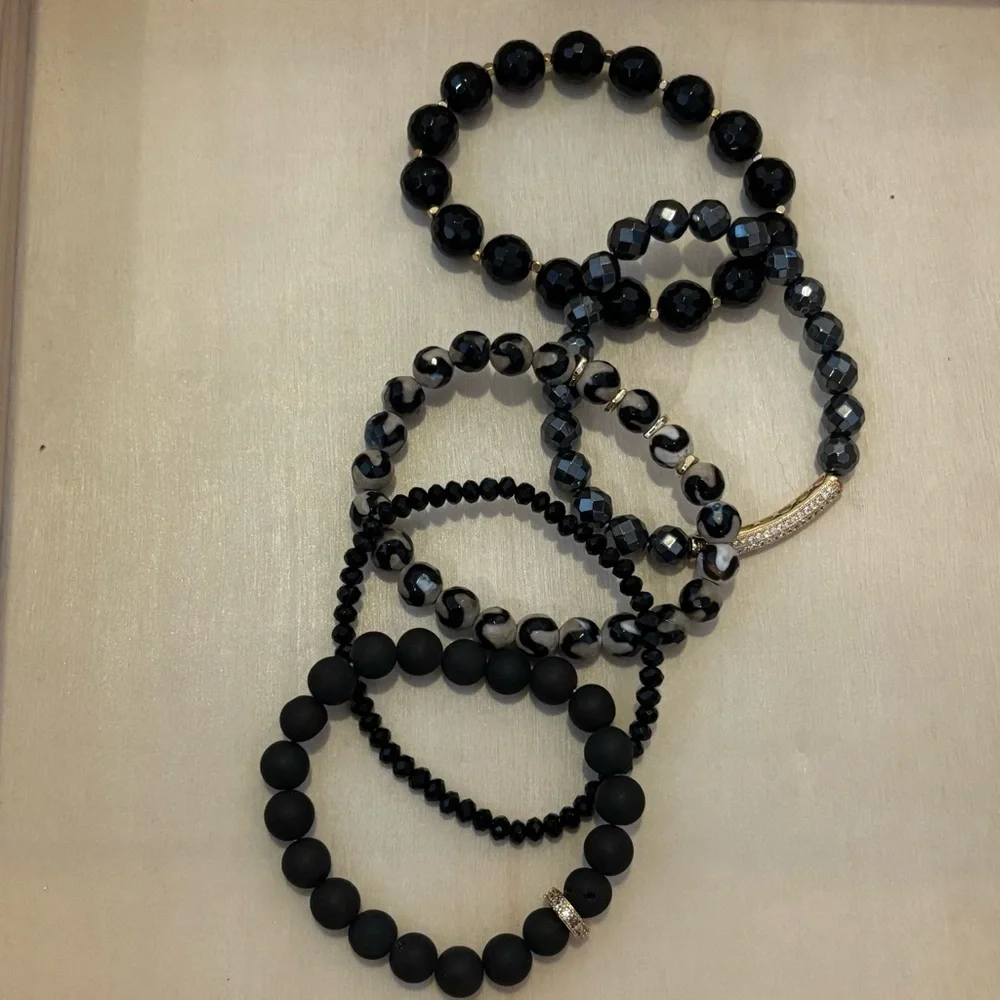 Handmade Black Gemstone Bracelet Stack Set of 5 NWT Onyx Agate